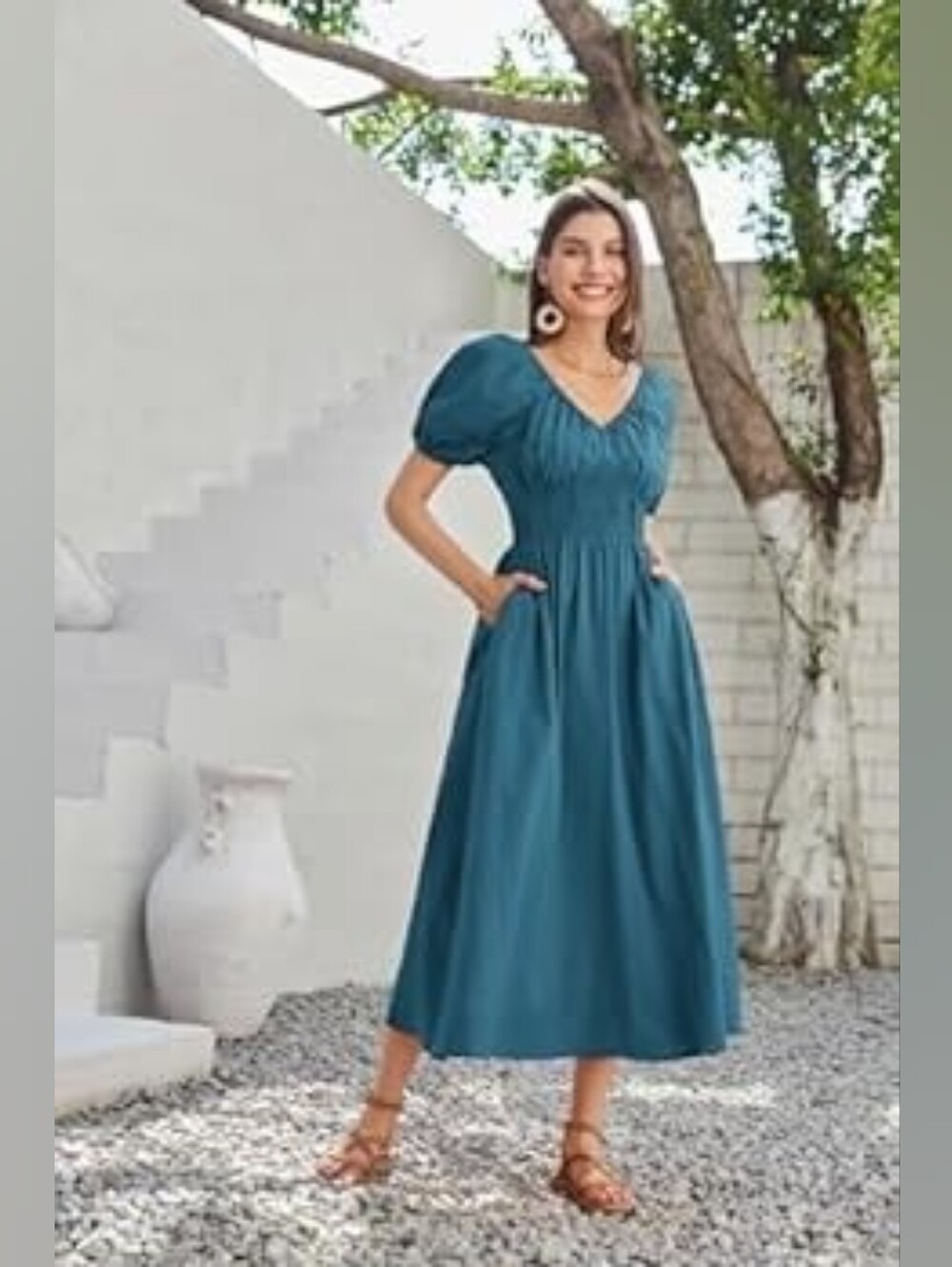 Smocked Waist Puff Sleeve Dress